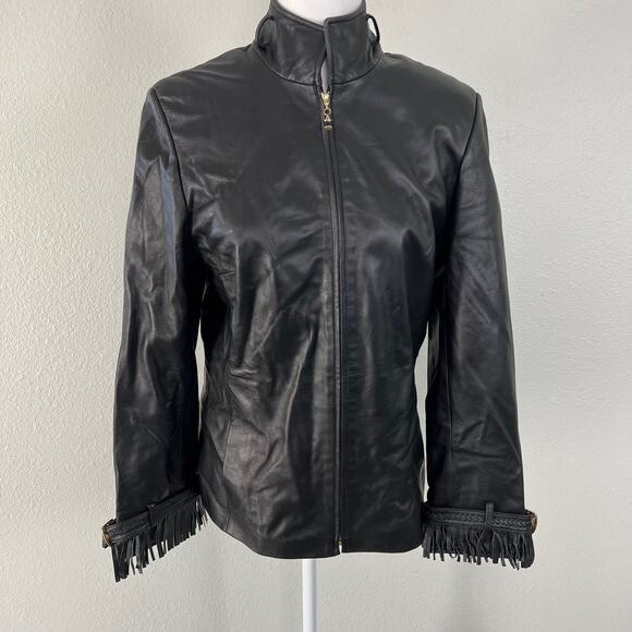St. John Sport By Marie Gray SZ 6 Black Leather Jacket Removable Fringe Collar - Picture 7 of 16